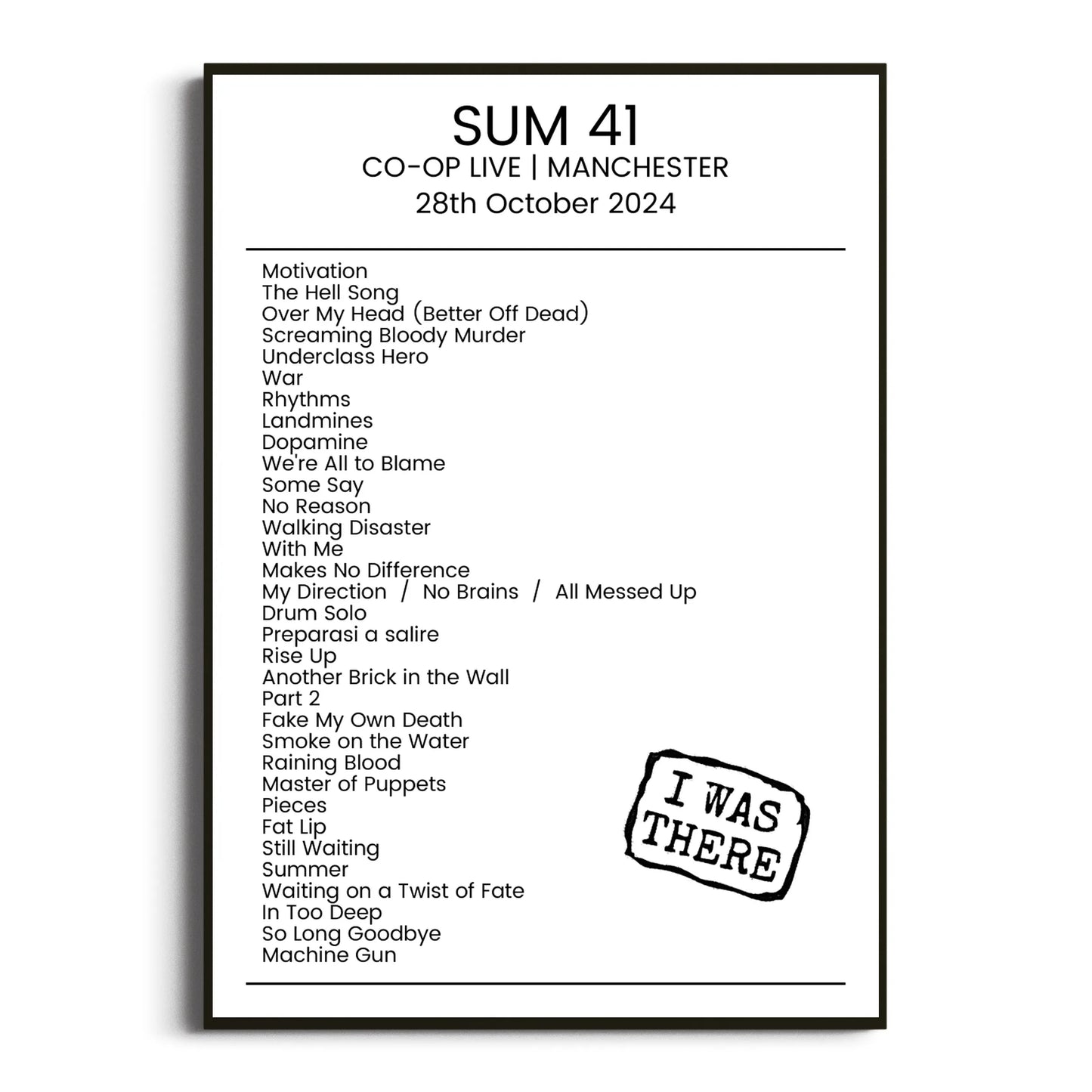 Sum 41 Manchester 28 October 2024 Setlist Poster