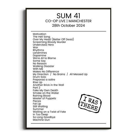 Sum 41 Manchester 28 October 2024 Setlist Poster