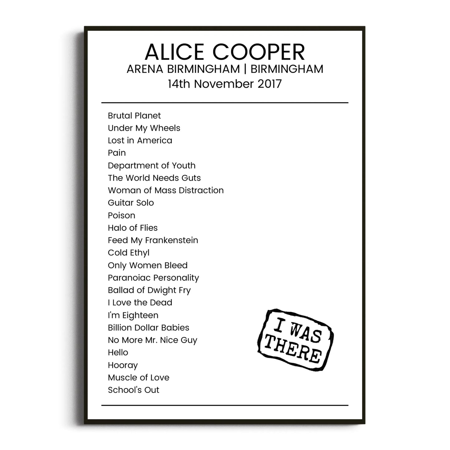 Alice Cooper Birmingham 14 November 2017 Setlist Poster