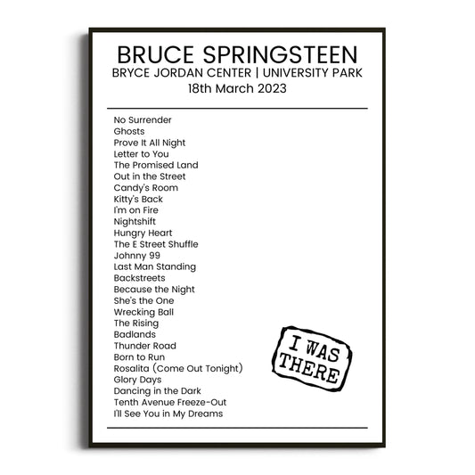 Bruce Springsteen University Park 18 March 2023 Setlist Poster