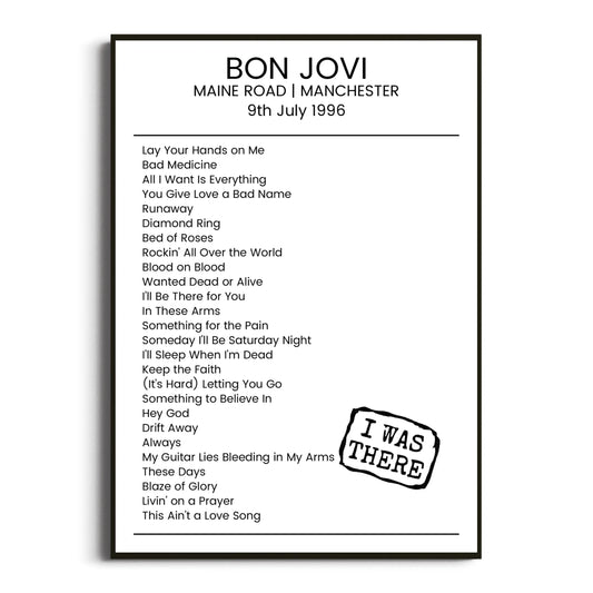 Bon Jovi Manchester 09 July 1996 Setlist Poster