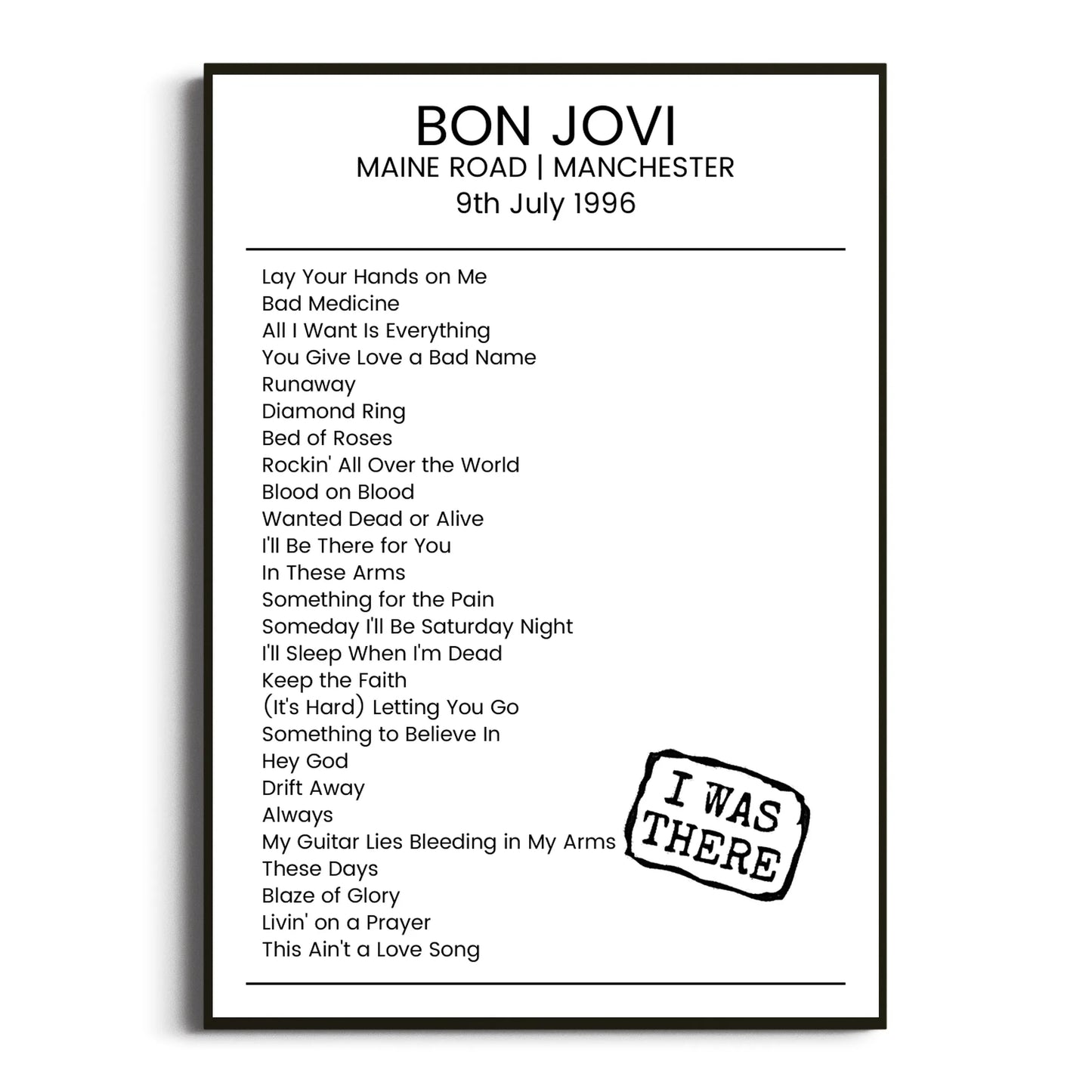 Bon Jovi Manchester 09 July 1996 Setlist Poster