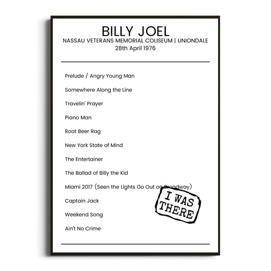 Billy Joel Uniondale 28 April 1976 Setlist Poster