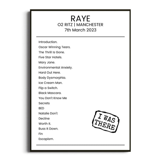 RAYE Manchester 07 March 2023 Setlist Poster