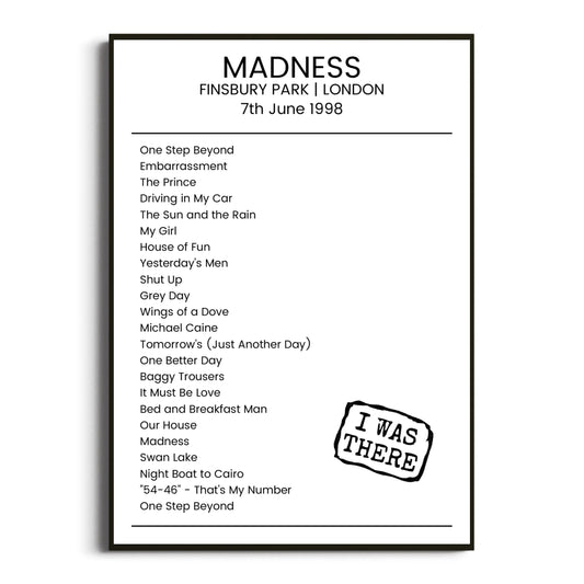 Madness London 07 June 1998 Setlist Poster