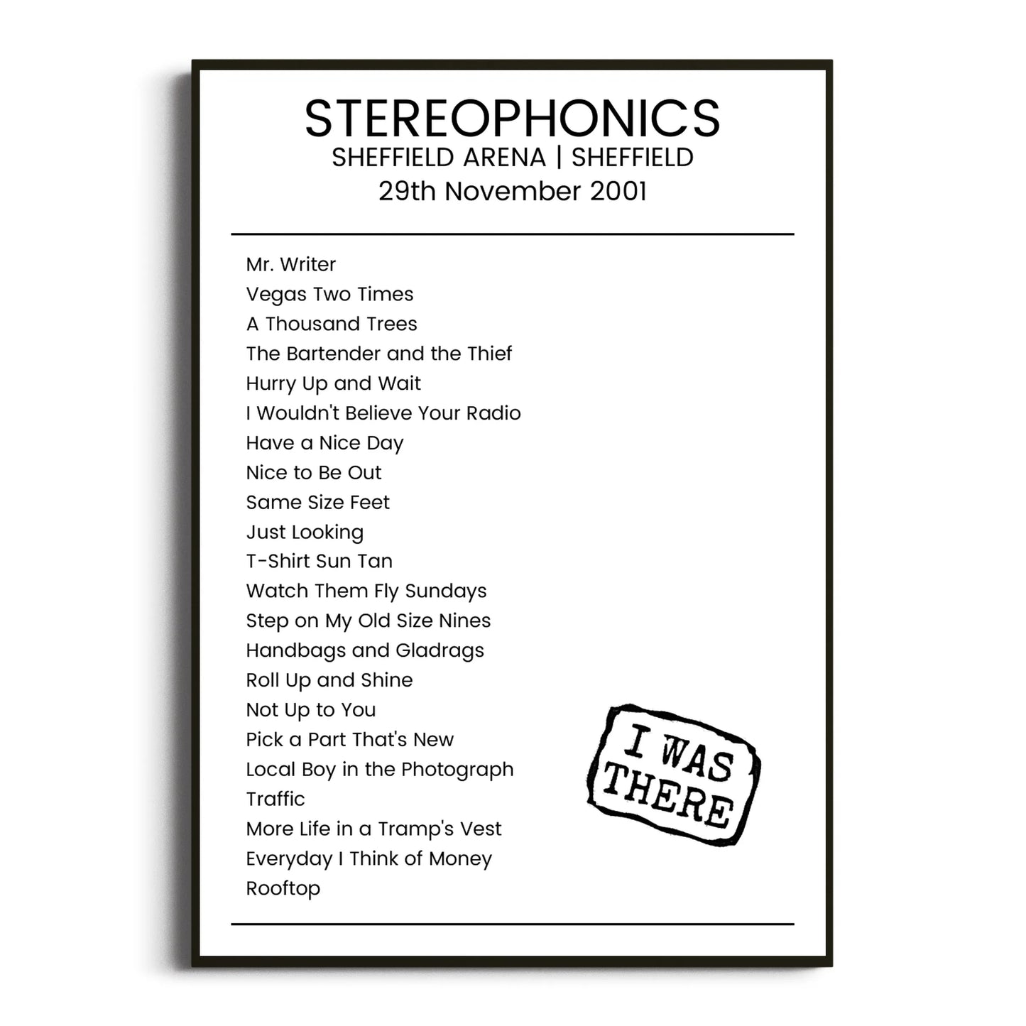 Stereophonics Sheffield 29 November 2001 Setlist Poster