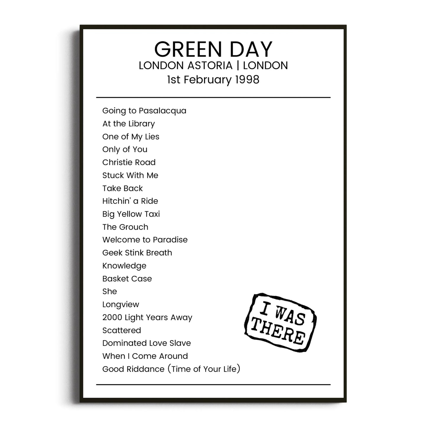 Green Day London 01 February 1998 Setlist Poster