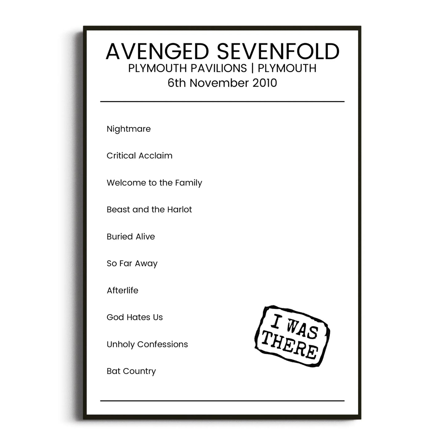 Avenged Sevenfold Plymouth 06 November 2010 Setlist Poster