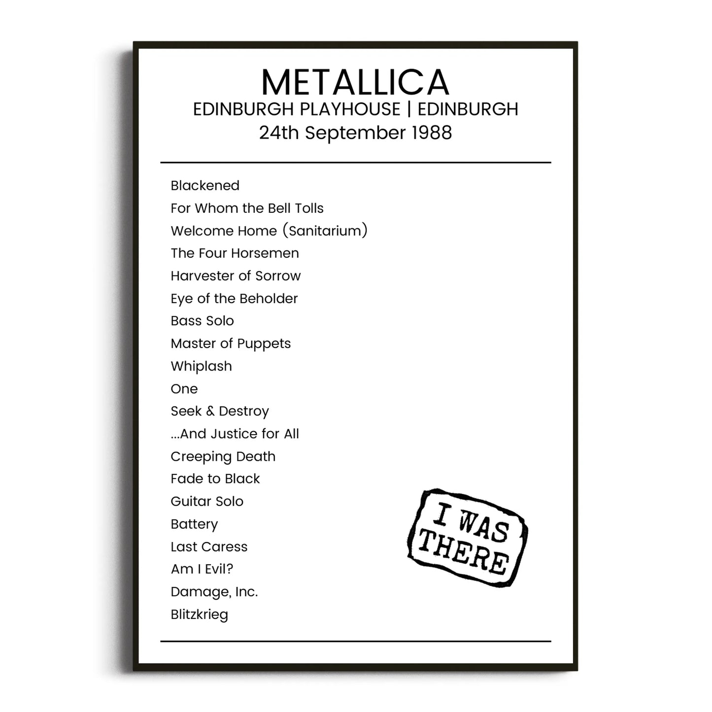 Metallica Edinburgh 24 September 1988 Setlist Poster