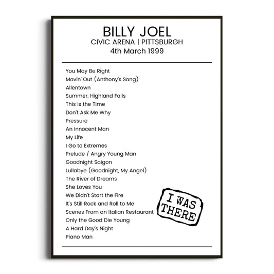 Billy Joel Pittsburgh 04 March 1999 Setlist Poster