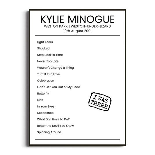 Kylie Minogue Weston-under-Lizard 19 August 2001 Setlist Poster