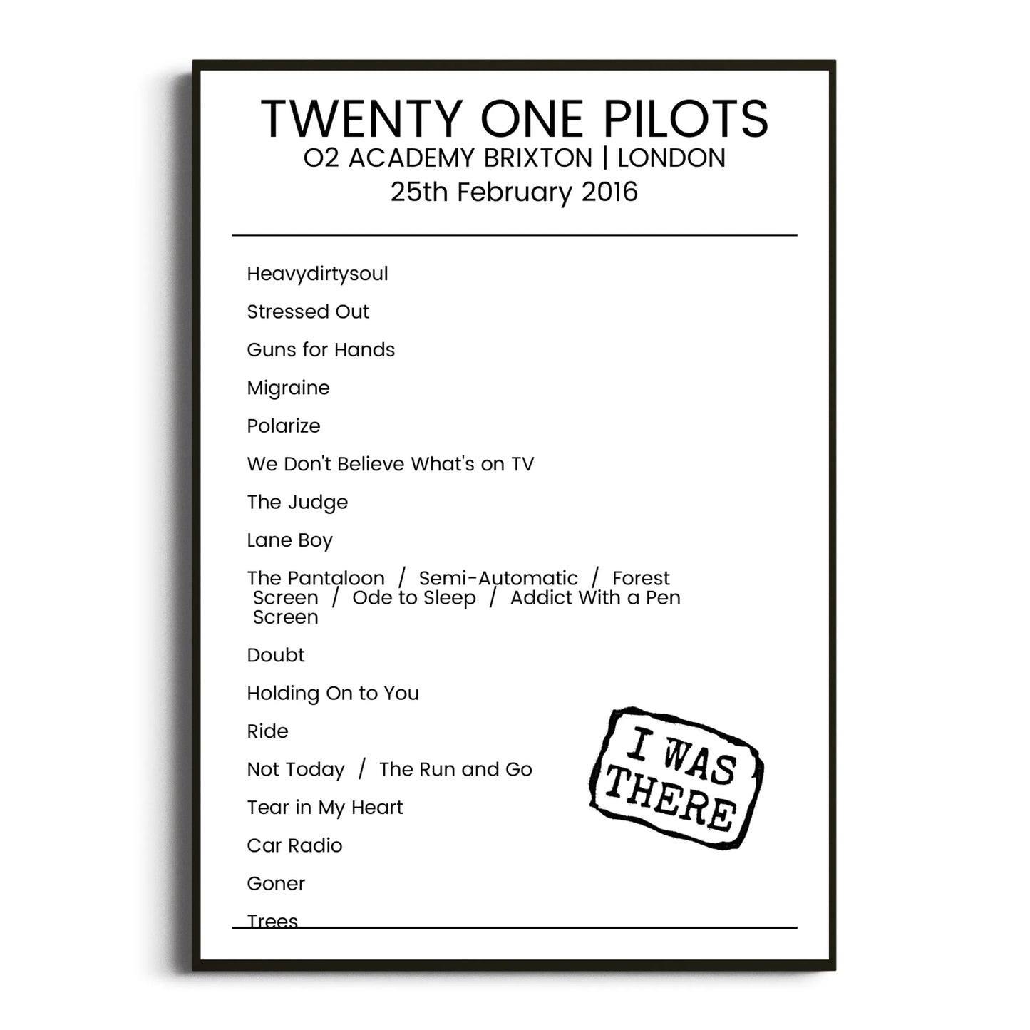 Twenty One Pilots London 25 February 2016 Setlist Poster