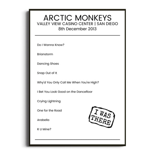 Arctic Monkeys San Diego 08 December 2013 Setlist Poster