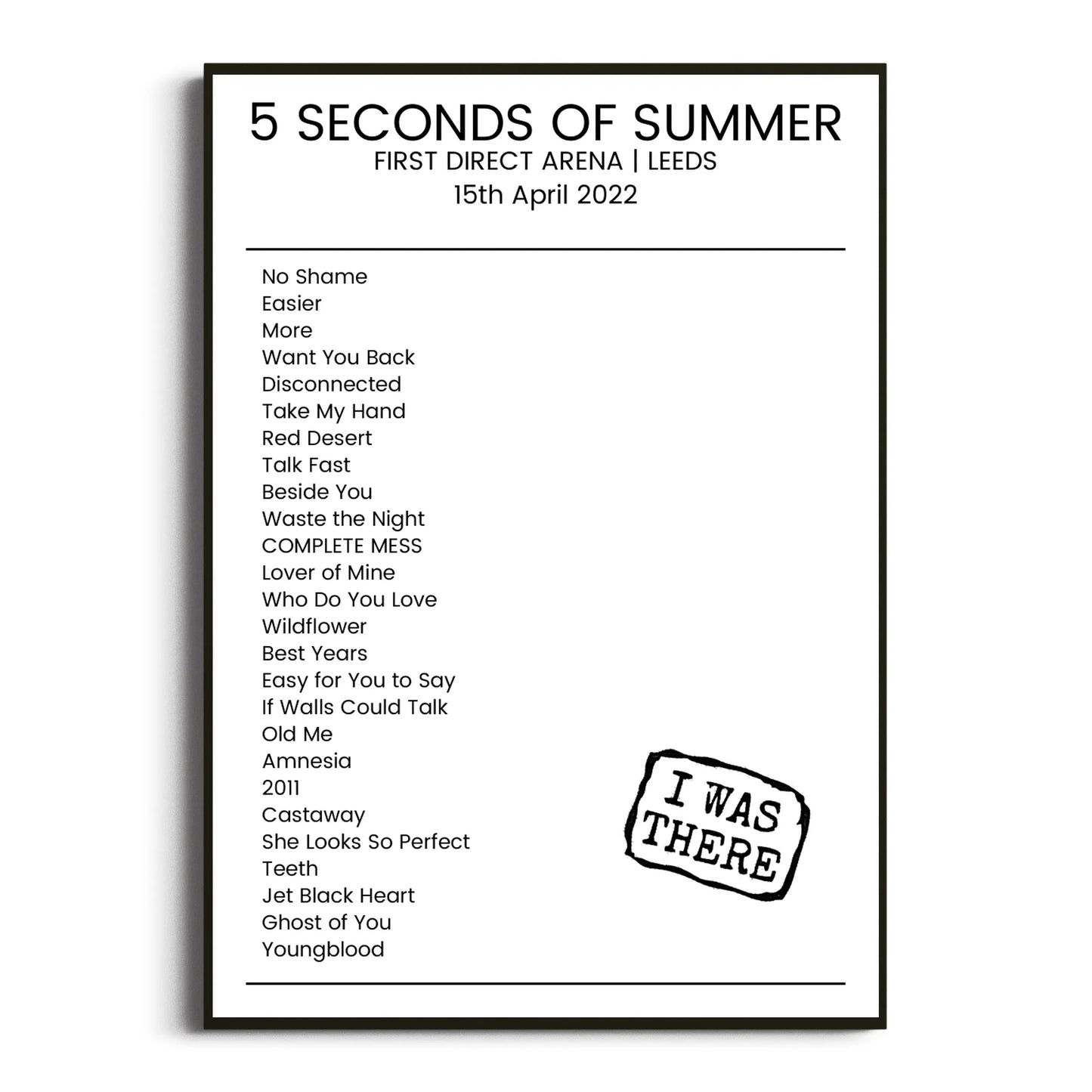 5 Seconds of Summer Leeds 15 April 2022 Setlist Poster