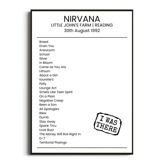 Nirvana Reading 30 August 1992 Setlist Poster