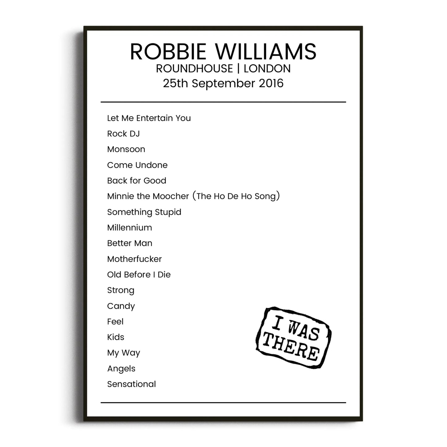 Robbie Williams London 25 September 2016 Setlist Poster