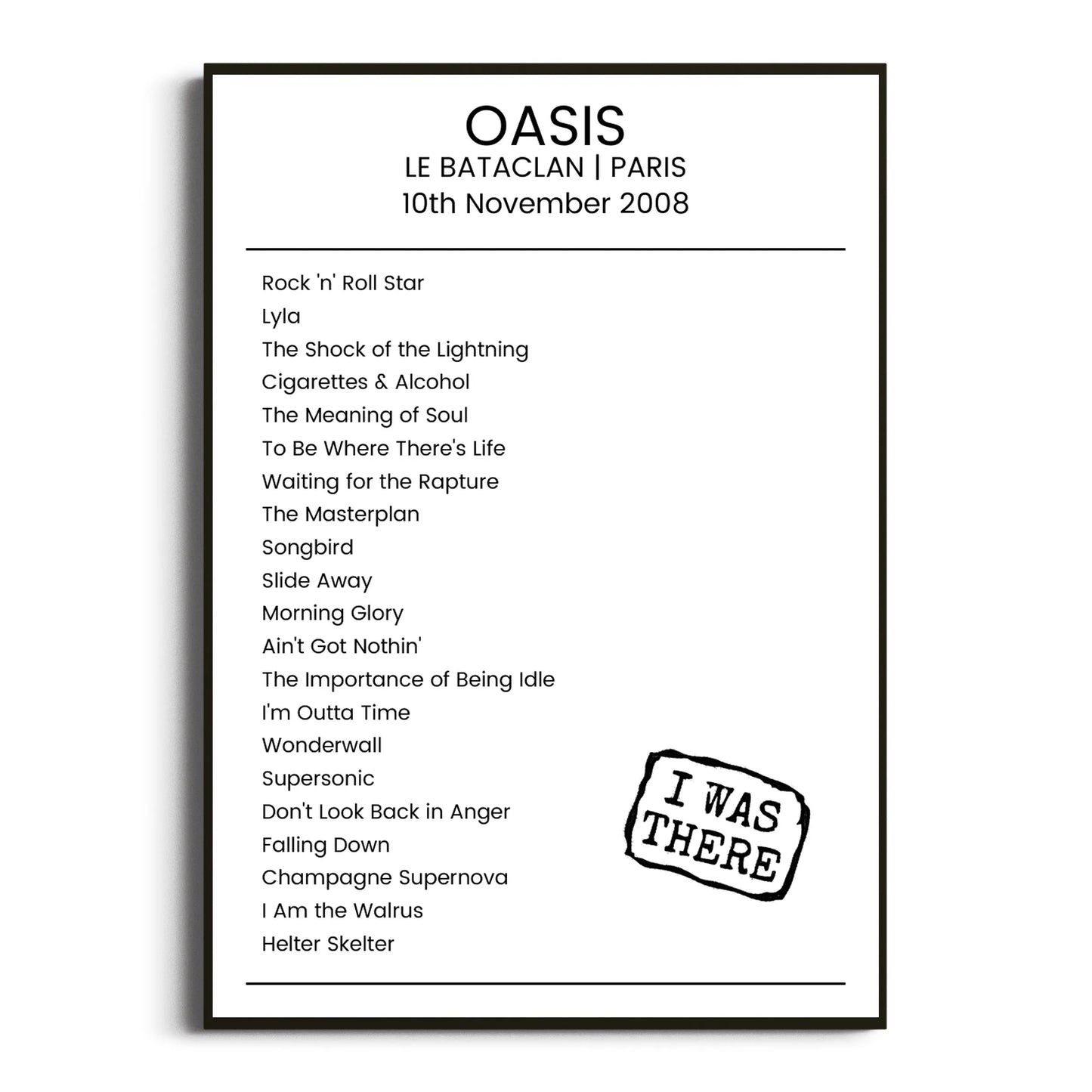 Oasis Paris 10 November 2008 Setlist Poster