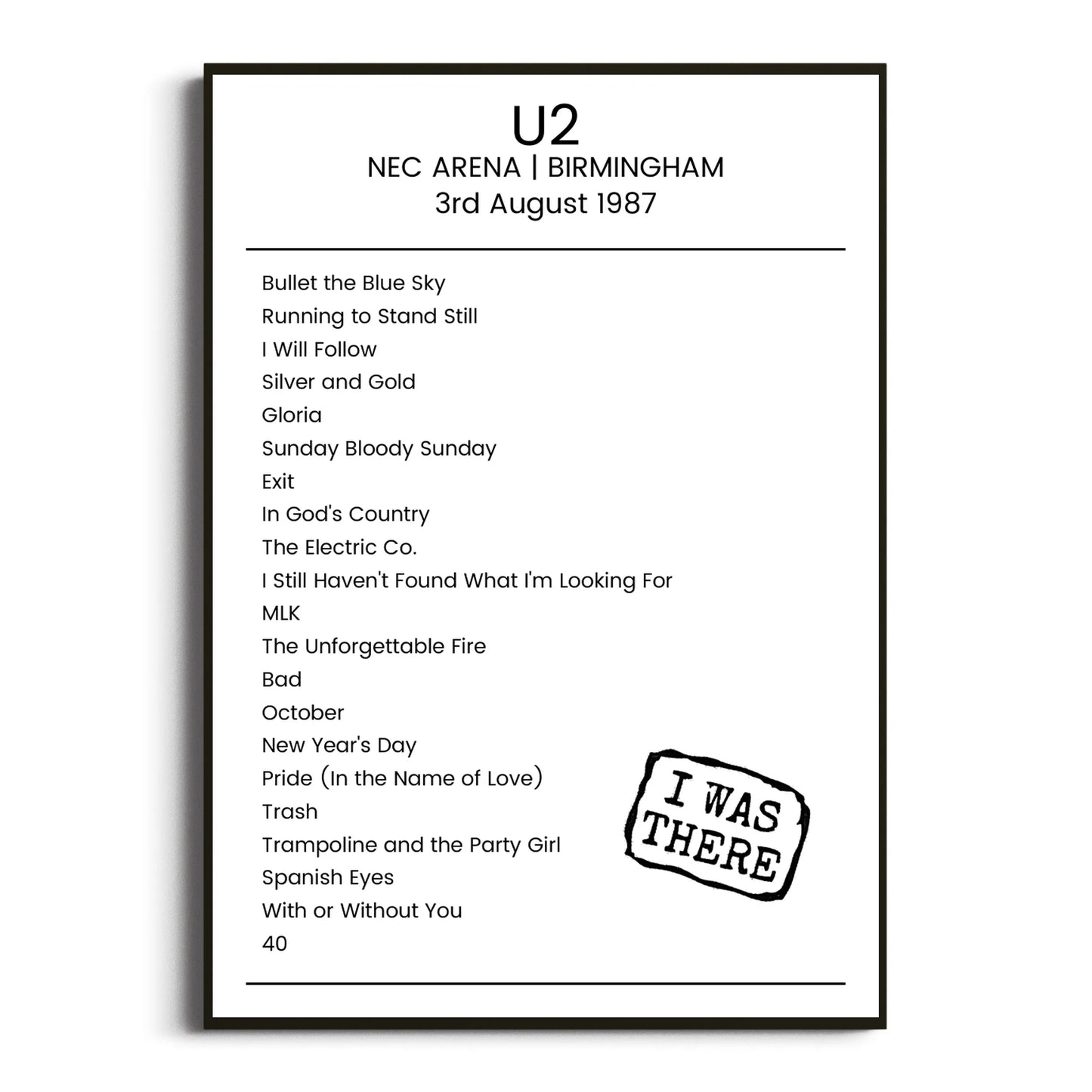 U2 Birmingham 03 August 1987 Setlist Poster