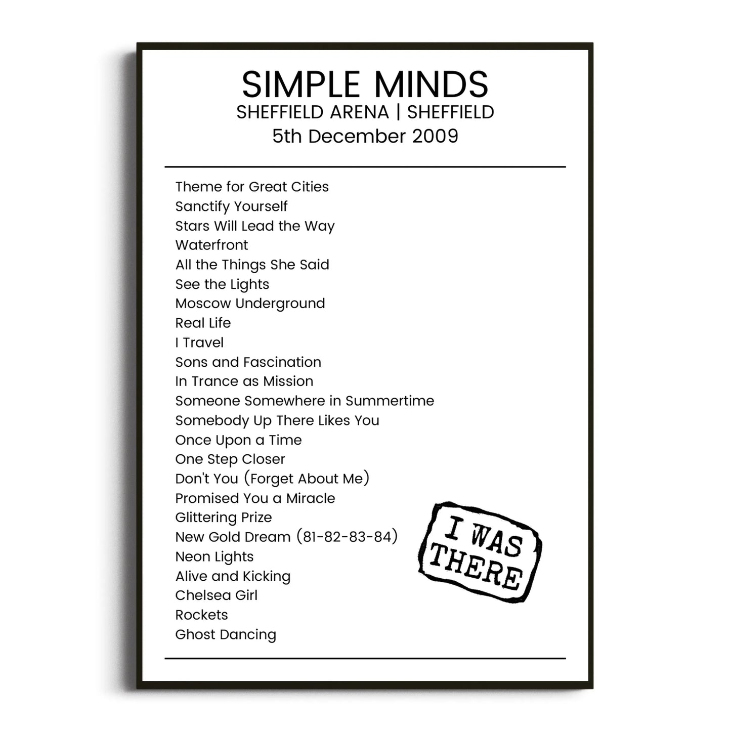 Simple Minds Sheffield 05 December 2009 Setlist Poster