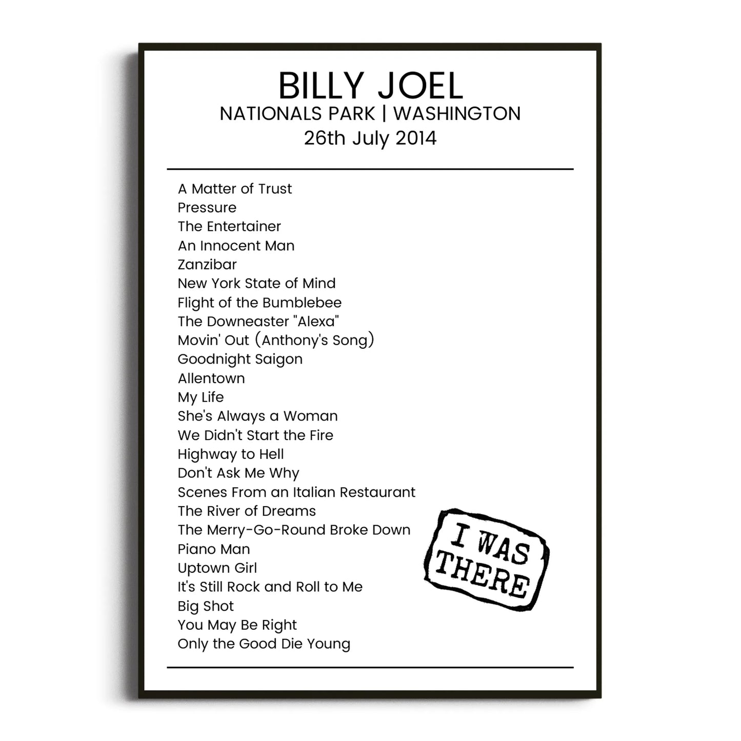 Billy Joel Washington 26 July 2014 Setlist Poster