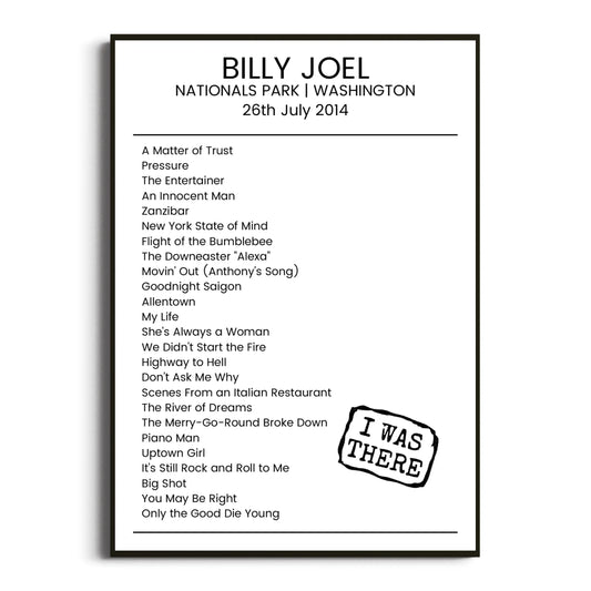 Billy Joel Washington 26 July 2014 Setlist Poster