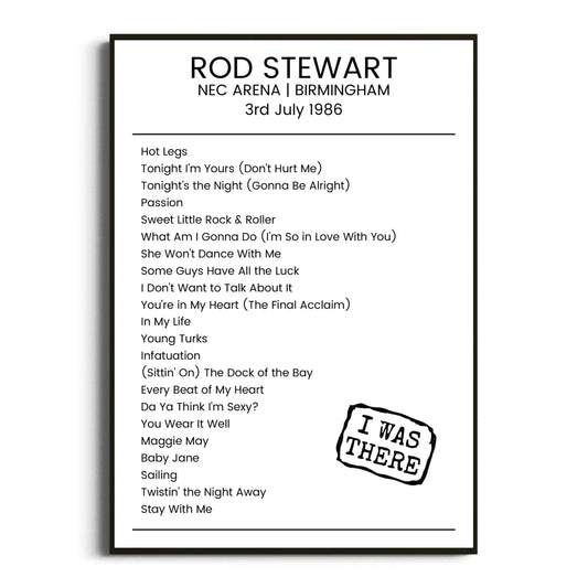 Rod Stewart Birmingham 03 July 1986 Setlist Poster