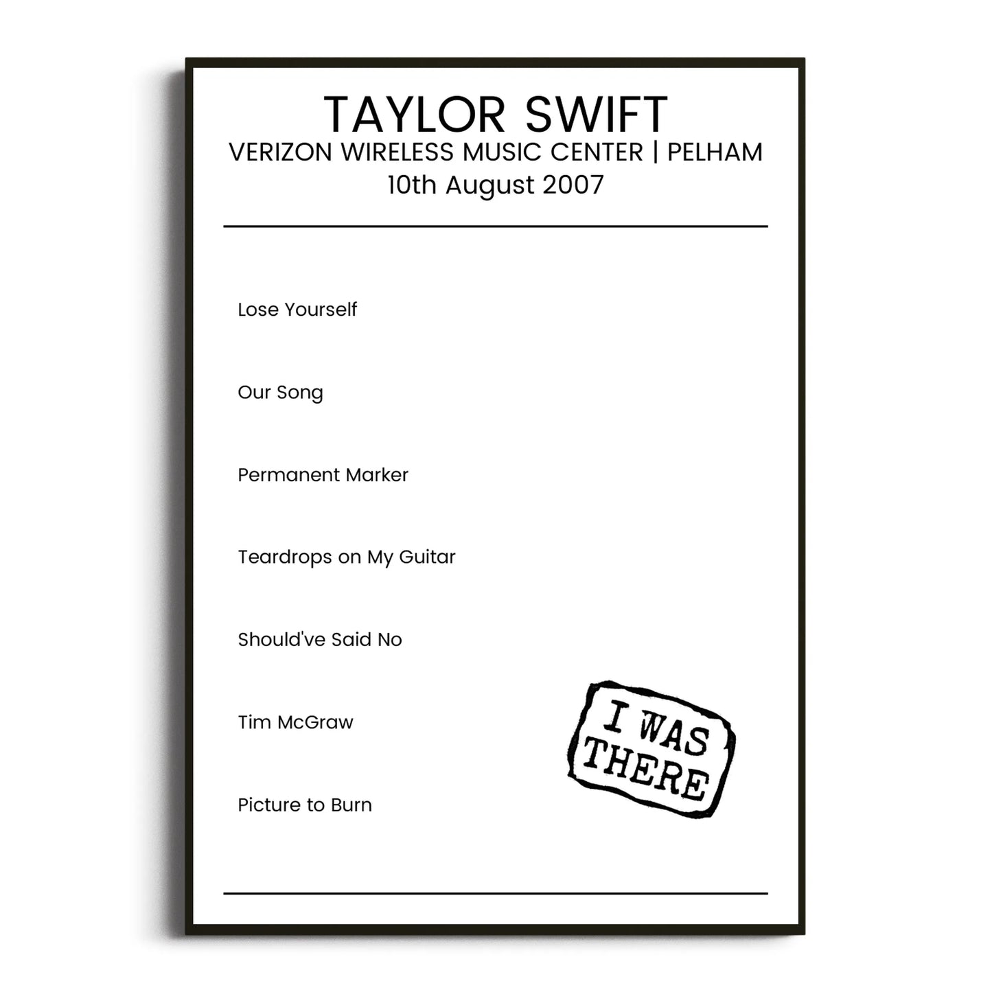 Taylor Swift Pelham 10 August 2007 Setlist Poster