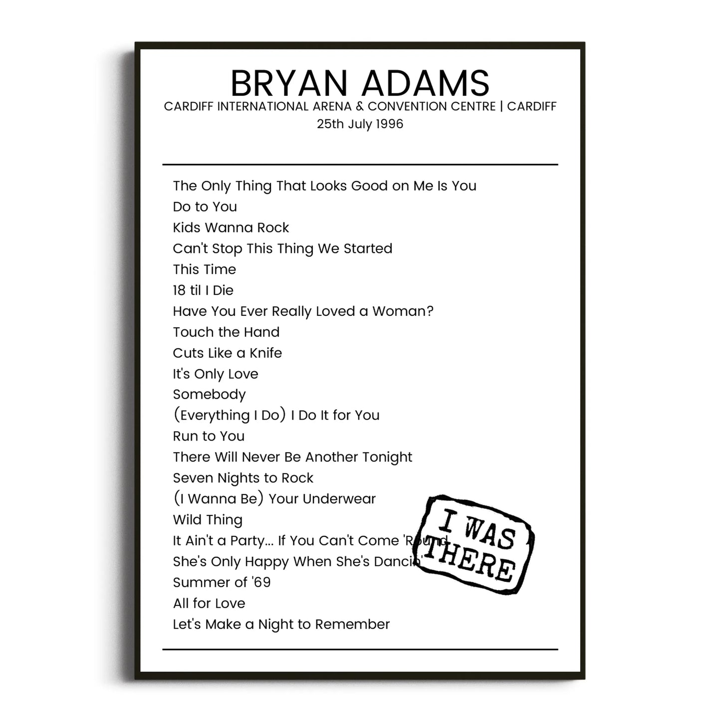 Bryan Adams Cardiff 25 July 1996 Setlist Poster