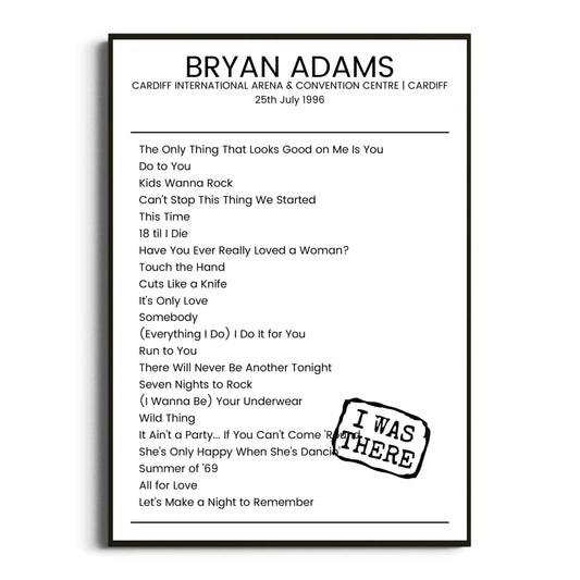 Bryan Adams Cardiff 25 July 1996 Setlist Poster