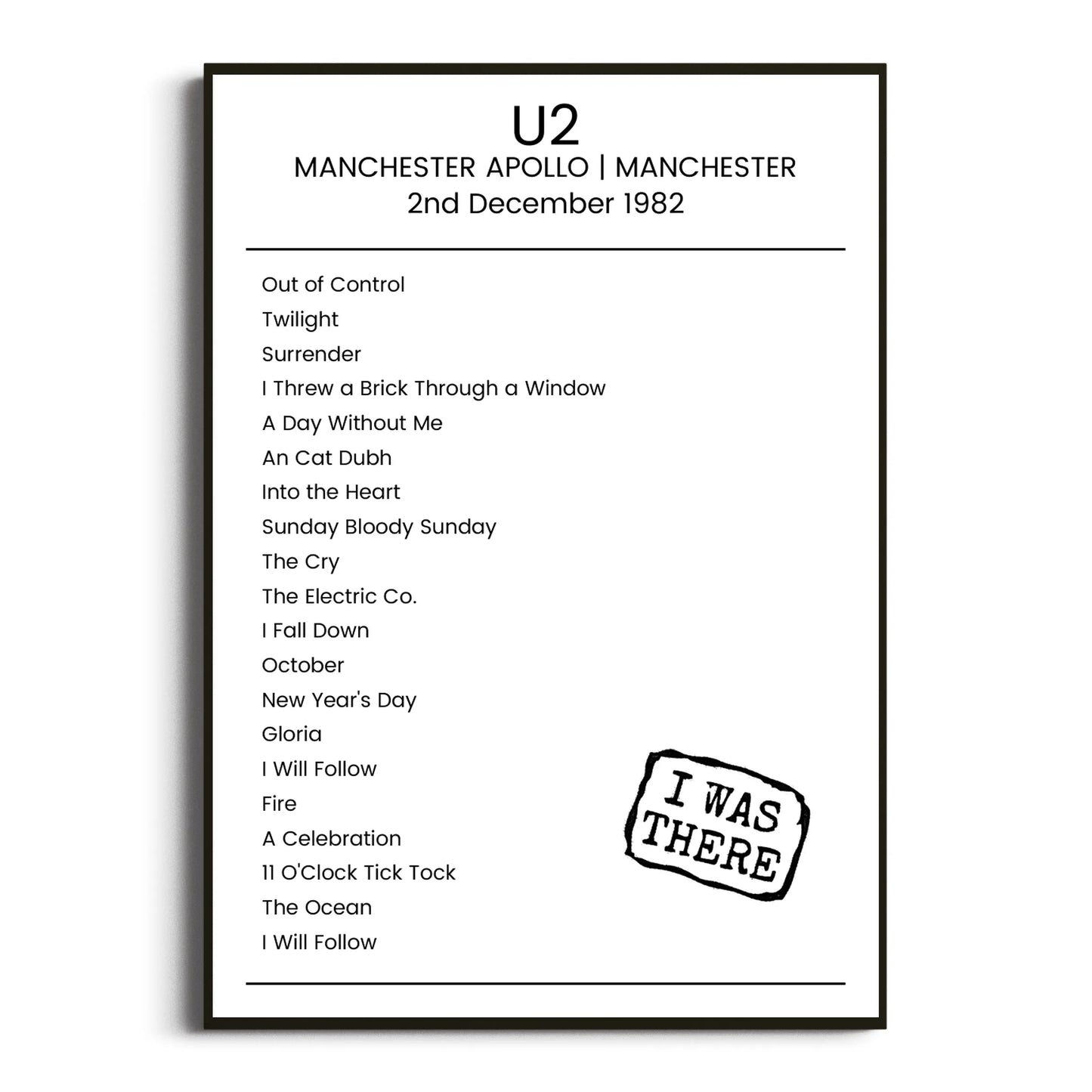 U2 Manchester 02 December 1982 Setlist Poster