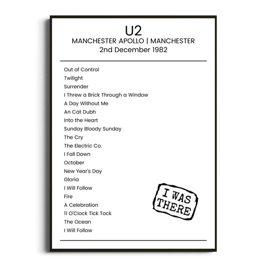 U2 Manchester 02 December 1982 Setlist Poster