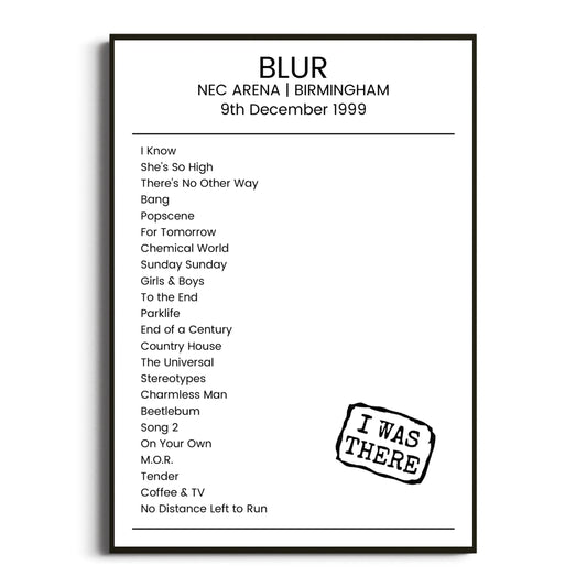 Blur Birmingham 09 December 1999 Setlist Poster