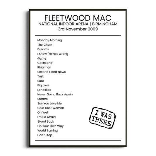 Fleetwood Mac Birmingham 03 November 2009 Setlist Poster