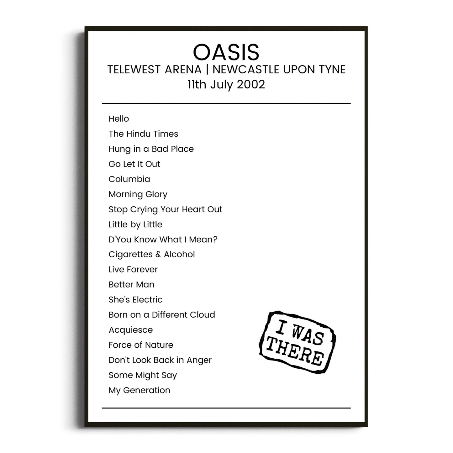 Oasis Newcastle upon Tyne 11 July 2002 Setlist Poster