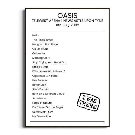 Oasis Newcastle upon Tyne 11 July 2002 Setlist Poster