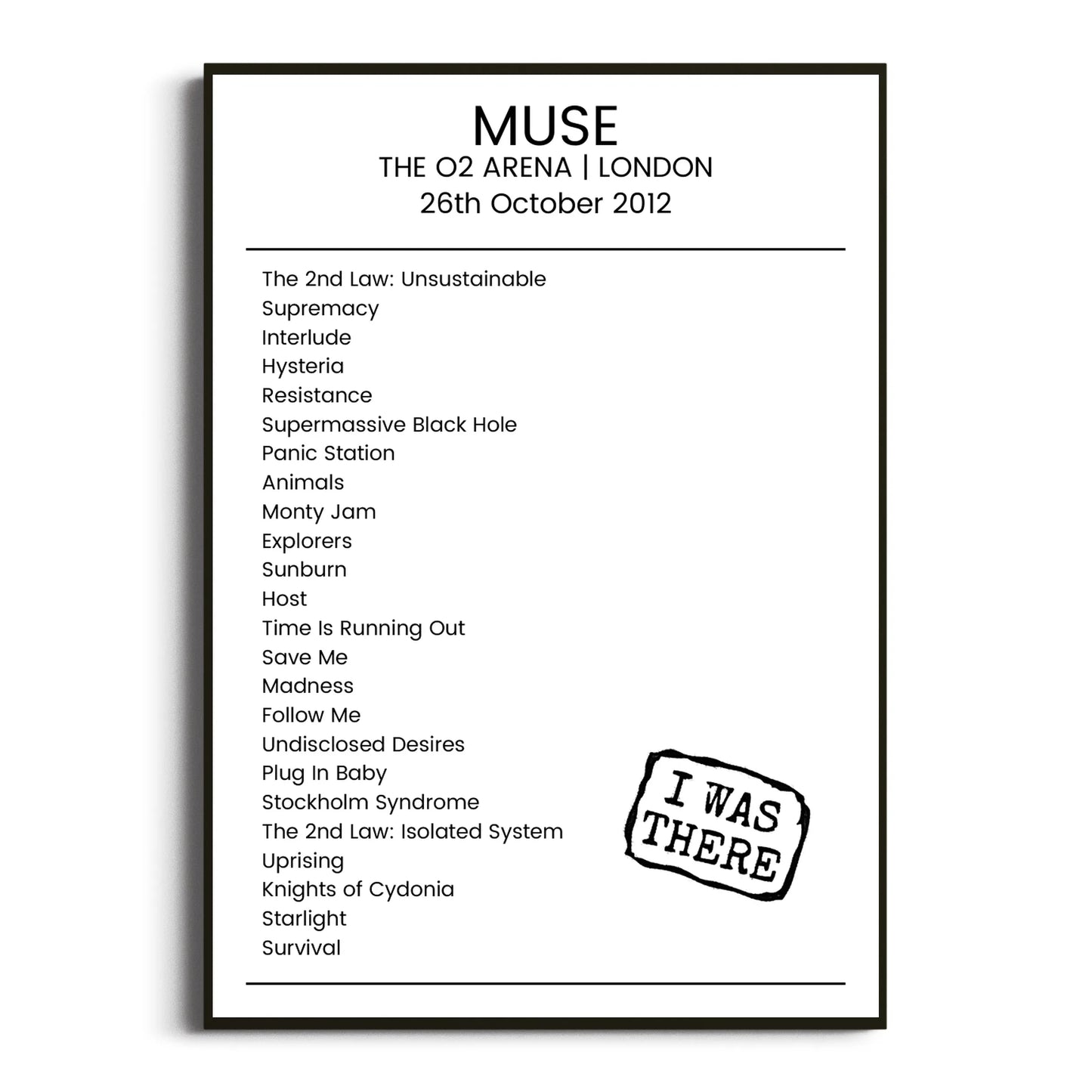 Muse London 26 October 2012 Setlist Poster