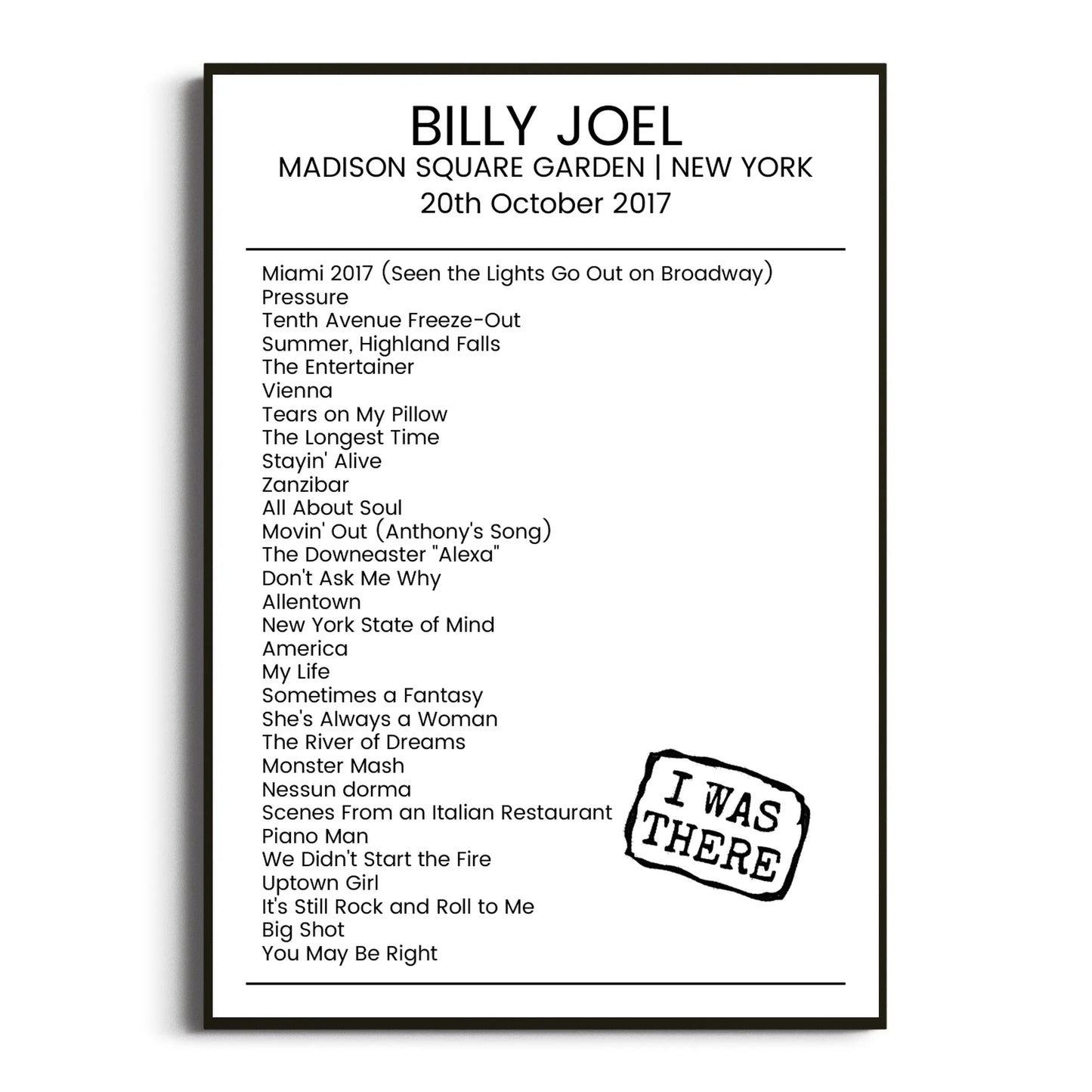 Billy Joel New York 20 October 2017 Setlist Poster