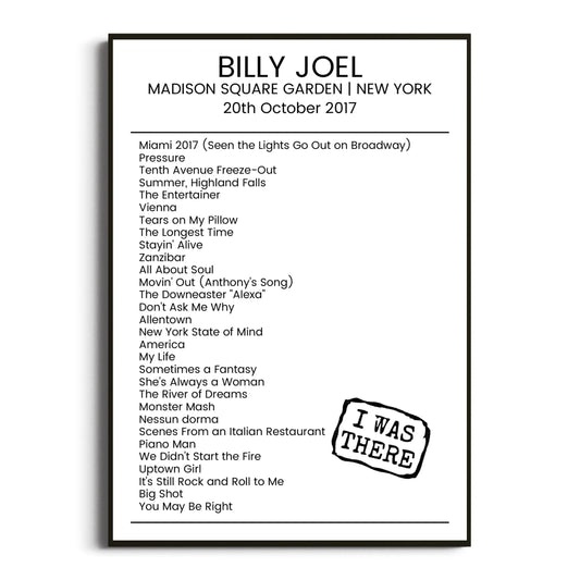 Billy Joel New York 20 October 2017 Setlist Poster