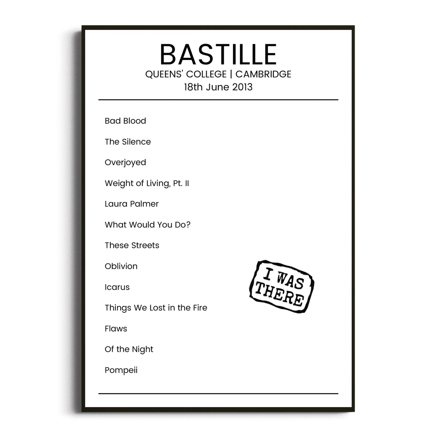 Bastille Cambridge 18 June 2013 Setlist Poster