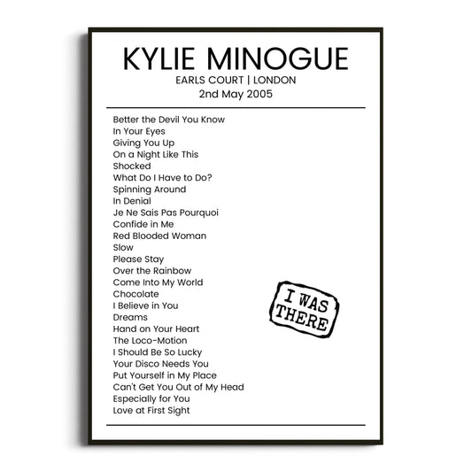 Kylie Minogue London 02 May 2005 Setlist Poster