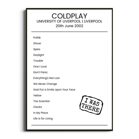 Coldplay Liverpool 20 June 2002 Setlist Poster