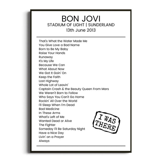 Bon Jovi Sunderland 13 June 2013 Setlist Poster