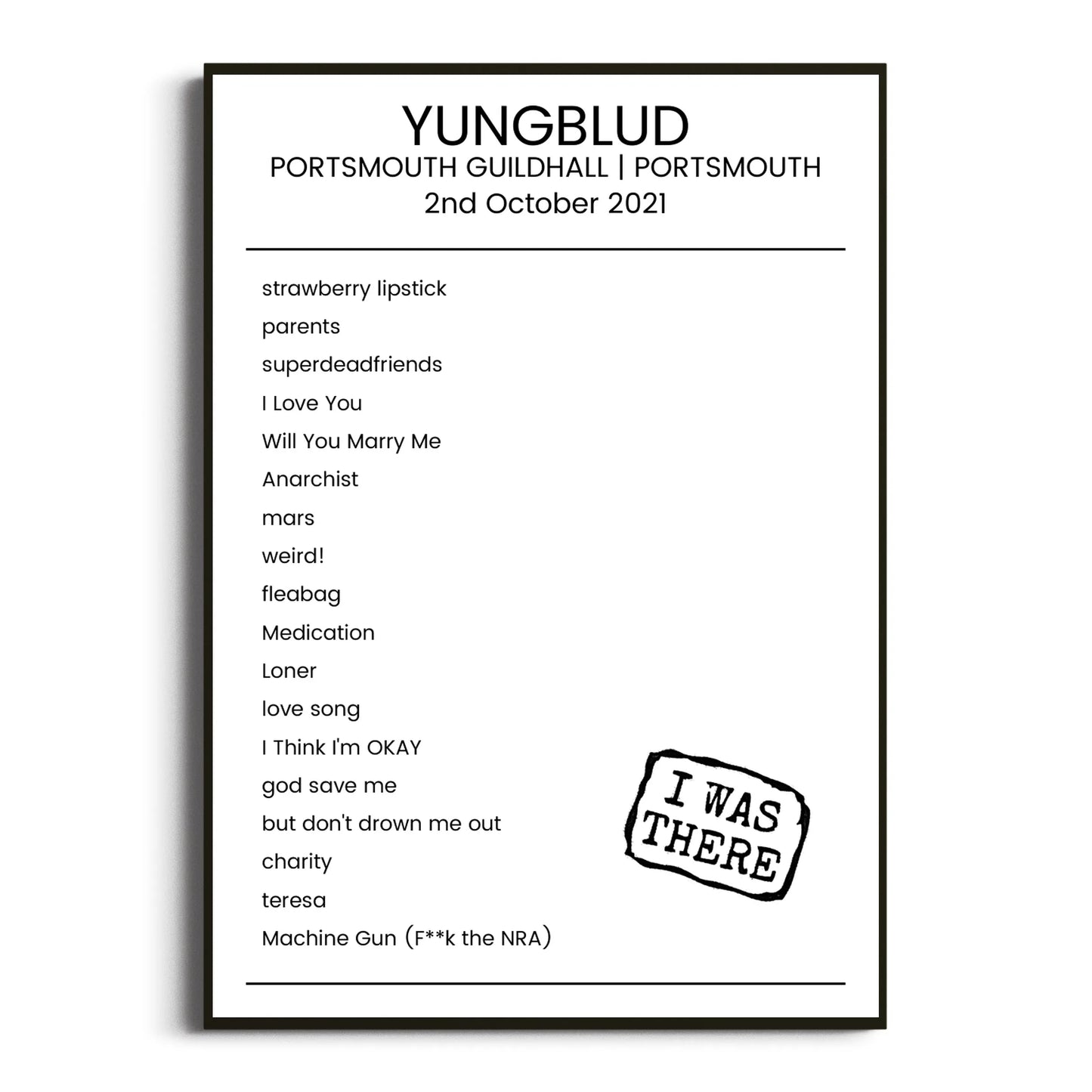 YUNGBLUD Portsmouth 02 October 2021 Setlist Poster