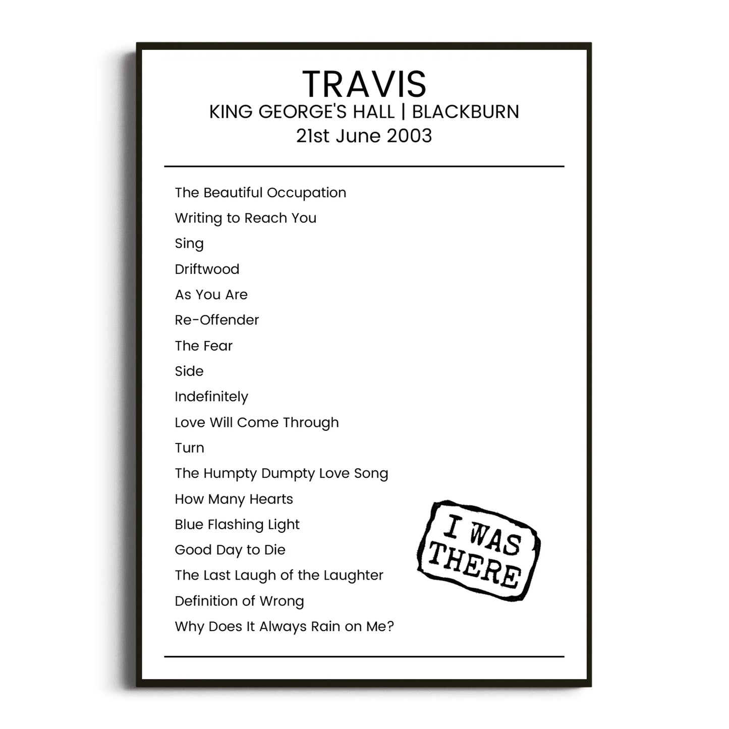 Travis Blackburn 21 June 2003 Setlist Poster