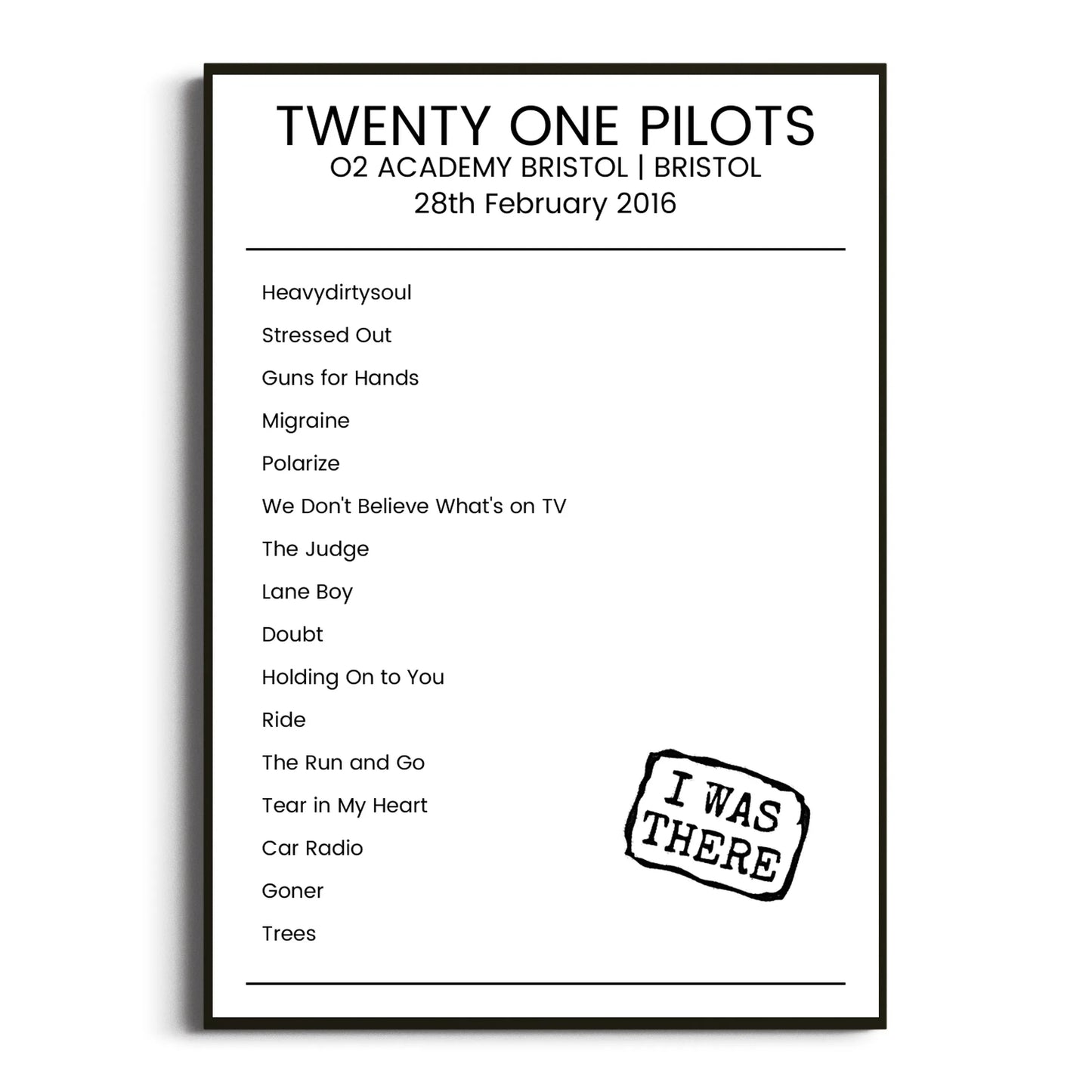 Twenty One Pilots Bristol 28 February 2016 Setlist Poster