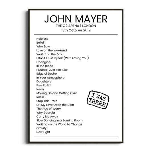 John Mayer London 13 October 2019 Setlist Poster