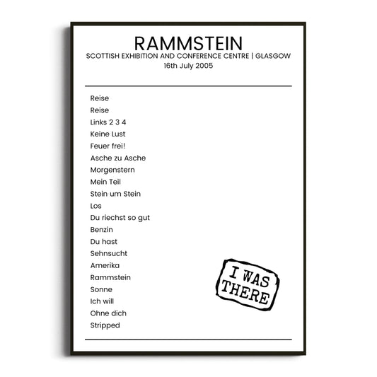 Rammstein Glasgow 16 July 2005 Setlist Poster