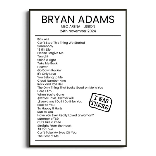 Bryan Adams Lisbon 24 November 2024 Setlist Poster