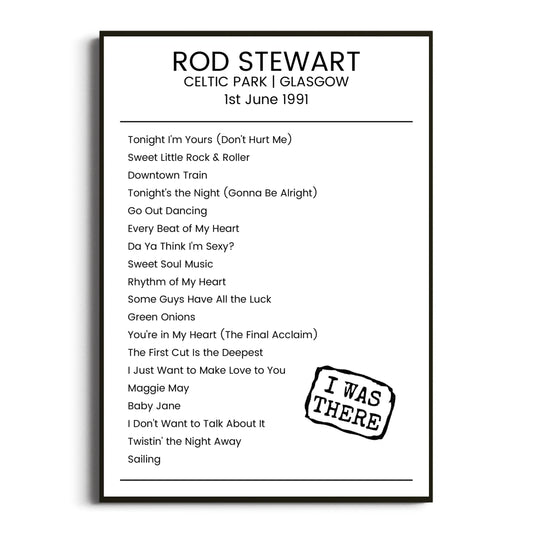 Rod Stewart Glasgow 01 June 1991 Setlist Poster