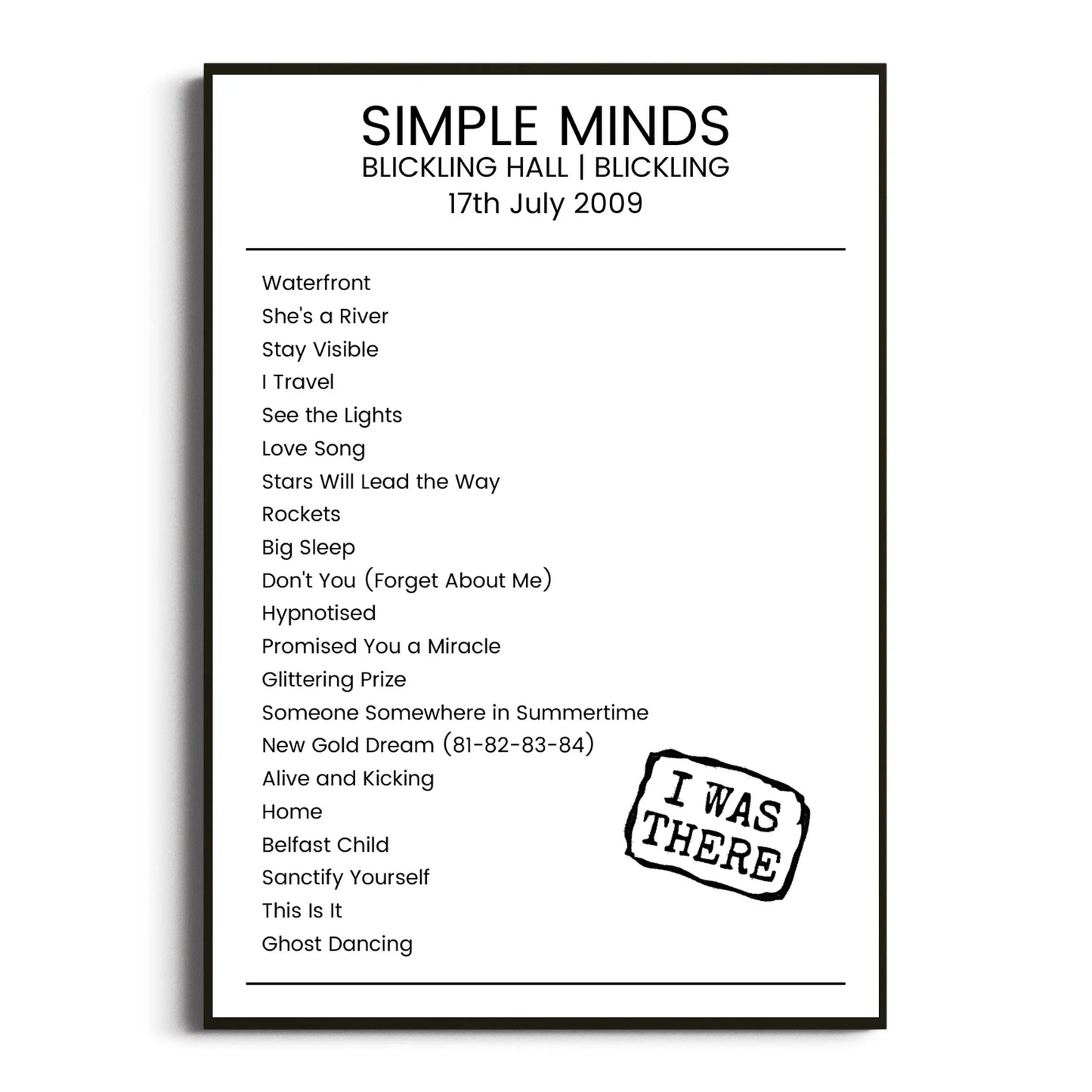 Simple Minds Blickling 17 July 2009 Setlist Poster